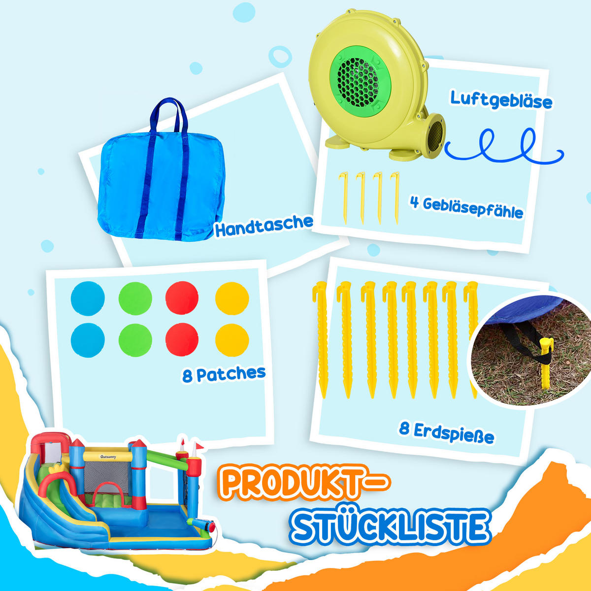 HÜPFBURG, Oxfordstoff, Bunt - Blau, Kunststoff (390/300/197cm) - Outsunny