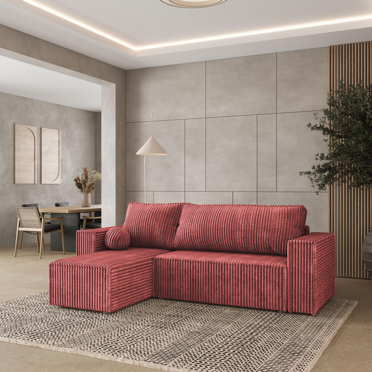 ECKSOFA RAVELO T Rosa Kordstoff mit Schlaffunktion - Rosa, Holz (240/140cm) - MASSENO