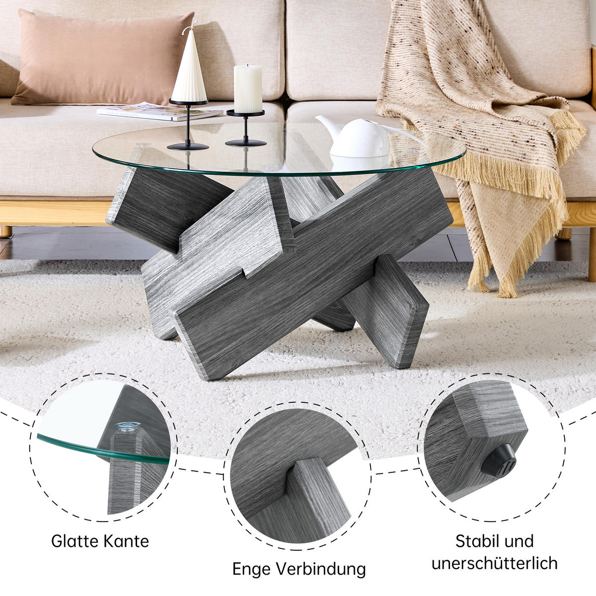 COUCHTISCH 79 cm Grau mit Glasoberfläche und kreativen Kreuz-Stützen - Grau, Holzwerkstoff (79/79/45cm) - OKWISH