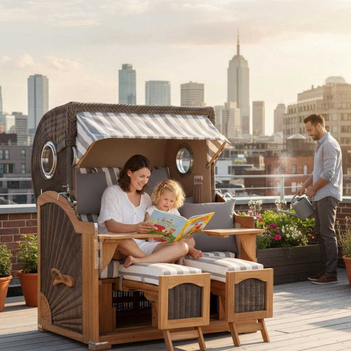 STRANDKORB Düne Grande Bullauge Teak PE Grey Dessin 513 - Braun/Grau, Metall (142/170/95cm) - Mr. Deko