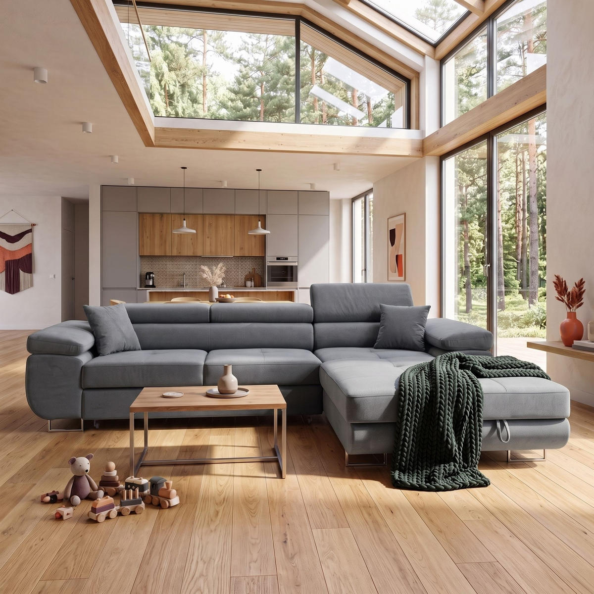 ECKSOFA ALONZO L Rechts mit Schlaffunktion 125x195 Velours Hellgrau - Silberfarben/Hellgrau, Holz/Textil (203/275cm) - Muffo