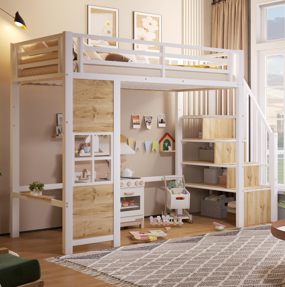 HOCHBETT 90/200 cm aus MDF und Metall mit Ablageleiter, Weiß - Weiß, Holzwerkstoff (90/200cm) - OKMYHOME