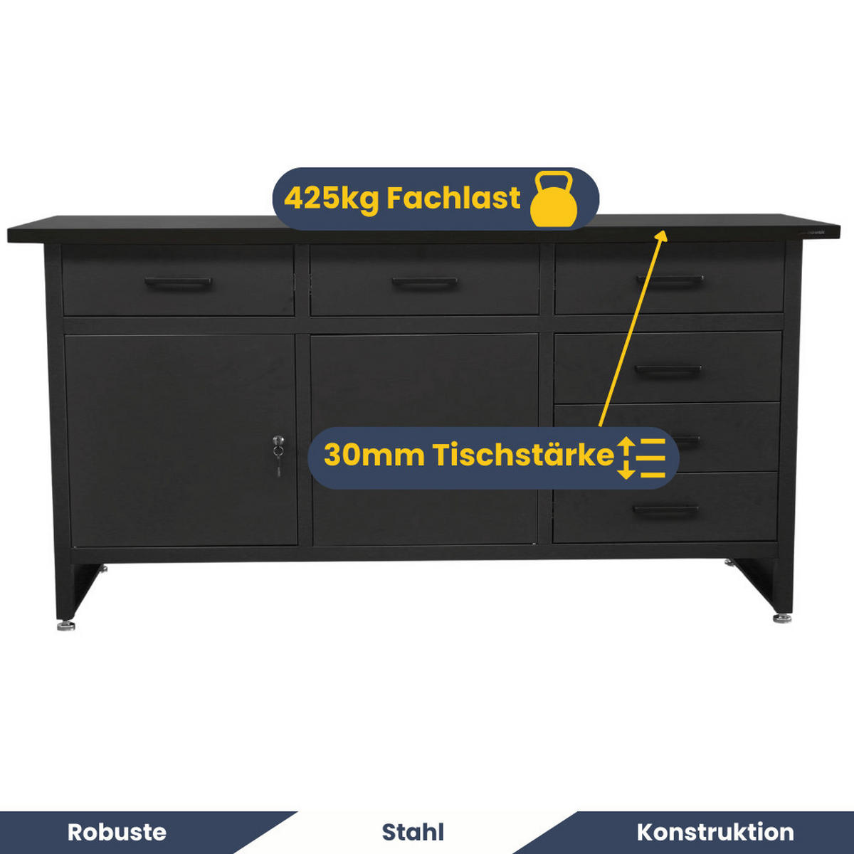 WERKBANK Werkstatt KARL 2x Tür 85x170x60cm All Black - Schwarz, Metall (170/85/60cm) - DELUKE