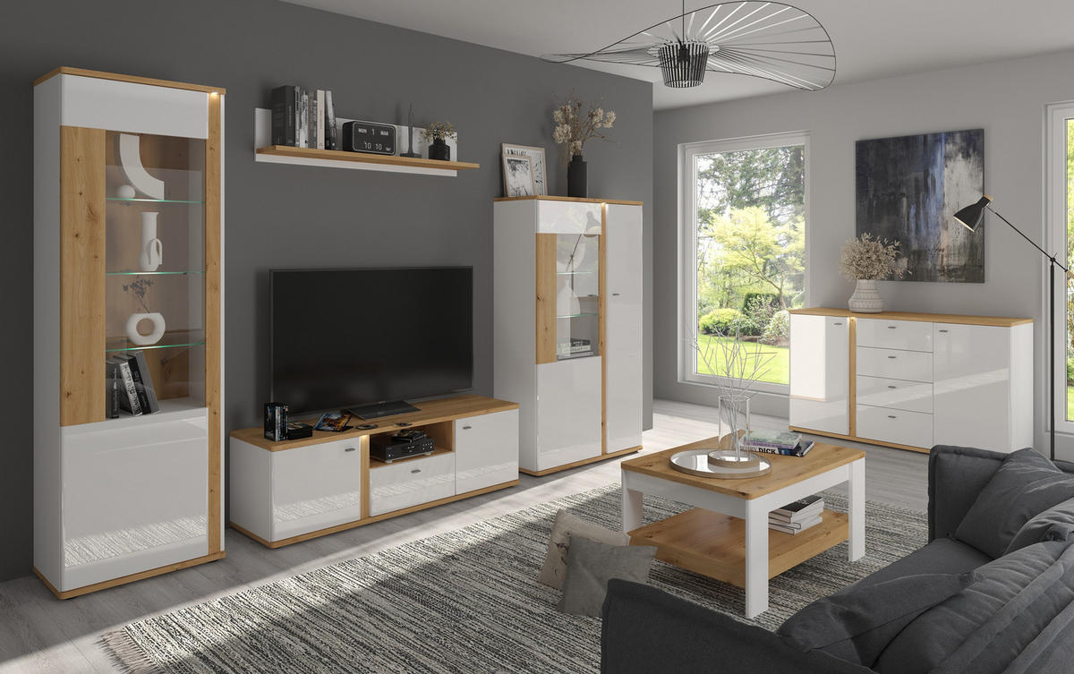 KOMMODE Avila Eiche Artisan / weiß 94 / 42 /87cm - Weiß Hochglanz/Eichefarben, Holzwerkstoff (94/87/42cm) - Feldmann-Wohnen