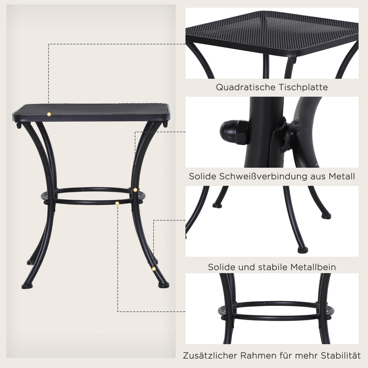 BEISTELLTISCH aus Metall 45x45x50 cm Schwarz für Balkon und Terrasse mit Mesh-Tischplatte - Weiß, Metall (45/45/50cm) - Modfu