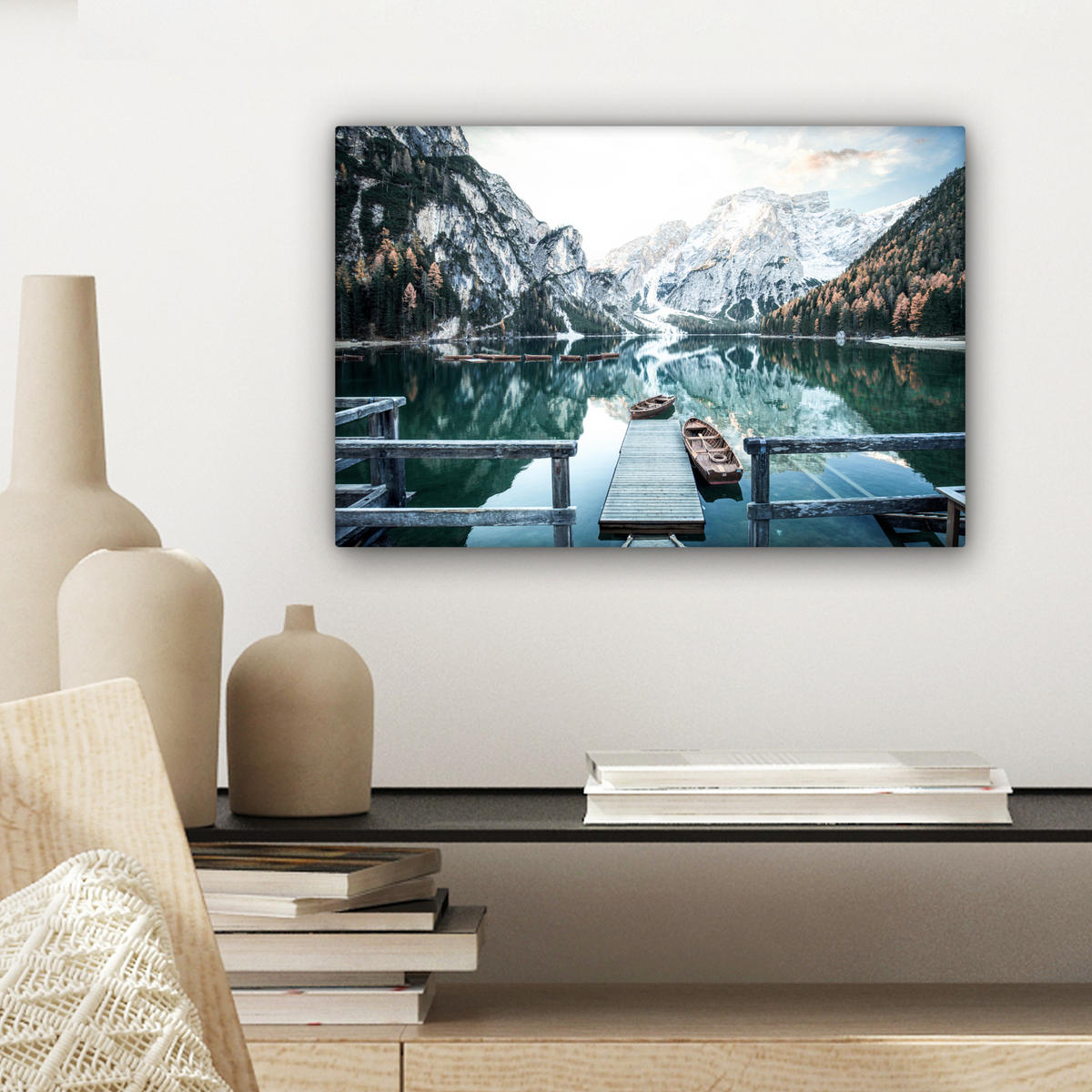 LEINWANDBILD Natur - Berge - Schnee - Wald - Boot Deko Schlafzimmer 30x20 cm - Hellgrün, Textil (30/20cm) - MuchoWow
