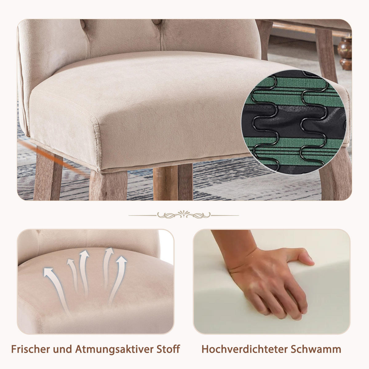 ESSZIMMERSTUHL 2er Set Samt Beige hohe Rückenlehne Massivholz - Beige, Textil (51/97/47cm) - FLIEKS