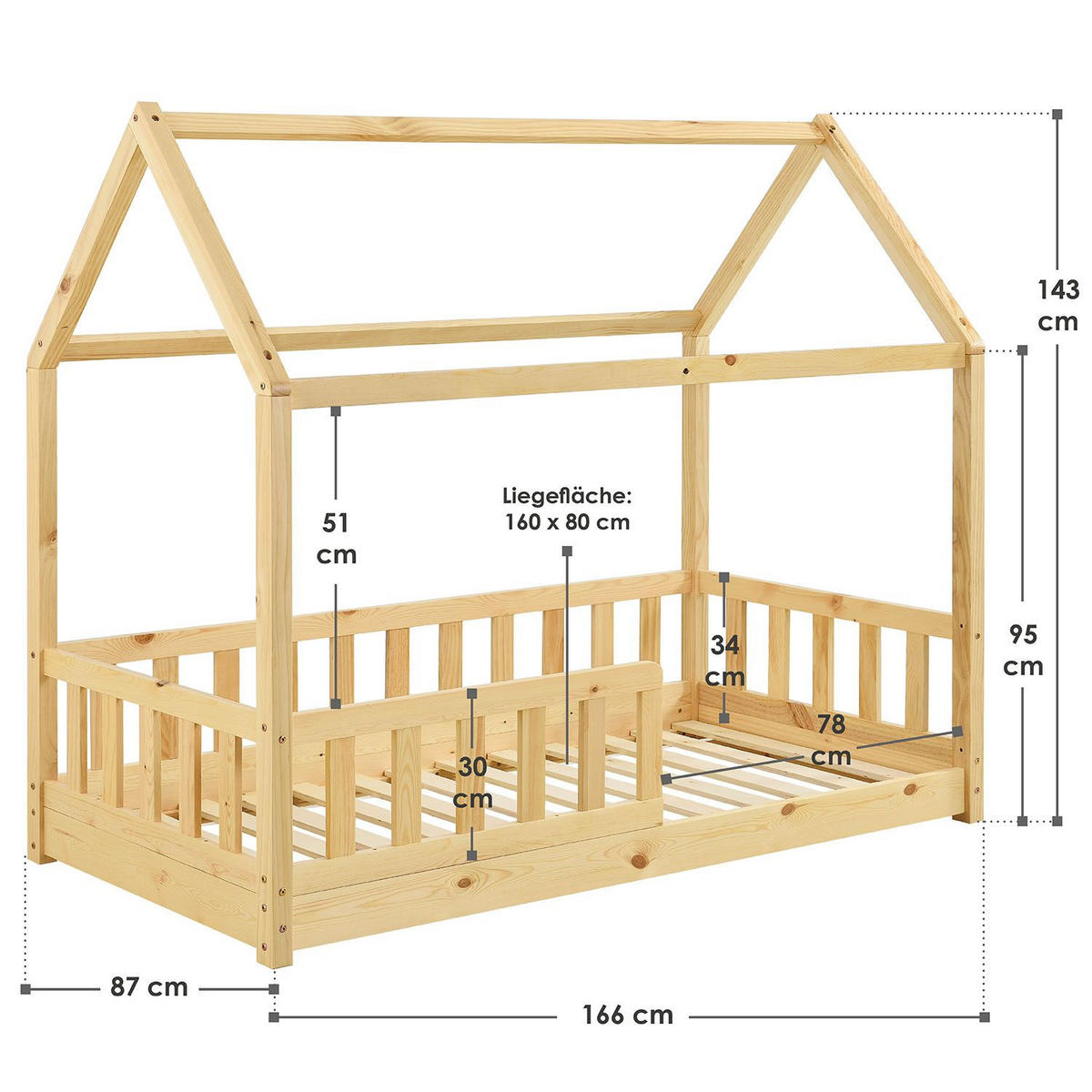 KINDERBETT Marli natur 80x160 cm - Naturfarben, Holz (80/160cm) - Juskys