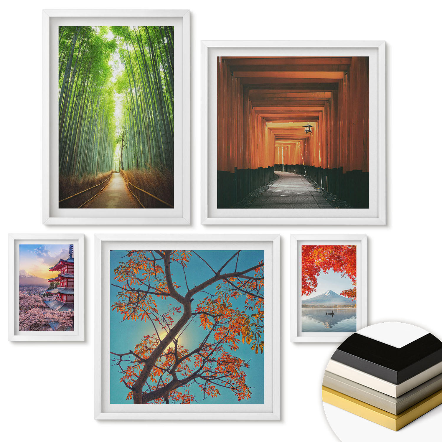WANDBILDER 5er-Set - 50x50 cm & 20x30 cm & 40x60 cm Weißer Rahmen - Meerblick, farbenfrohe Häuser - Weiß, Kunststoff (40/60cm) - ArtPrintCave