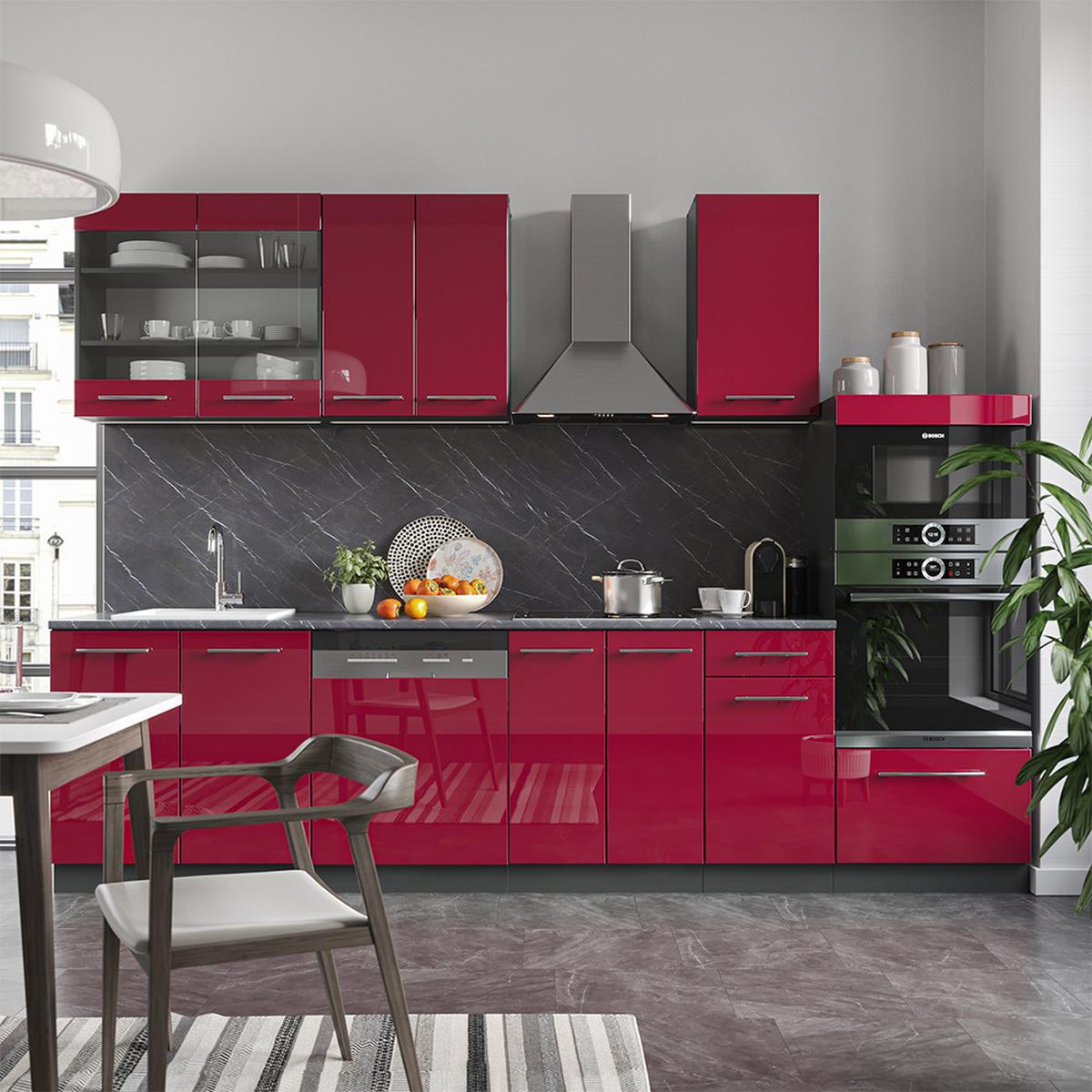 KÜCHENZEILE Fame-Line Bordeaux Hochglanz/Anthrazit 300 cm AP Eiche - Bordeaux/Anthrazit, Holzwerkstoff (300/81.6/60cm) - Vicco