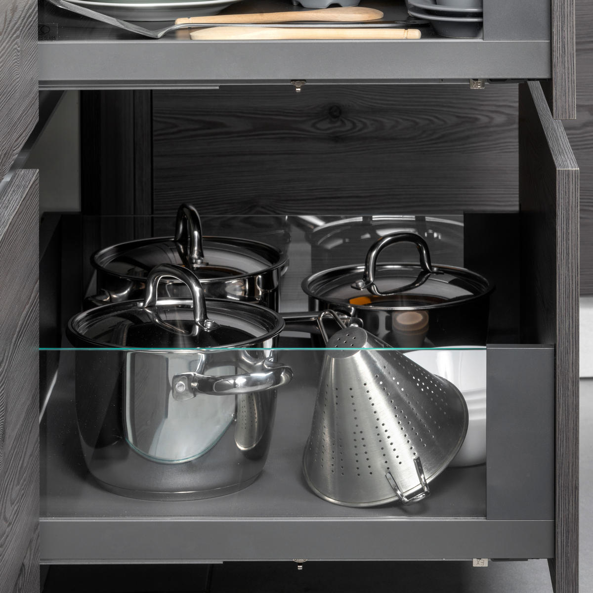 AUSSENSCHUBLADE Vertex 40Kg mit Glas-Einschubelement 178mm hoch, 450mm tief, Stahl und Aluminium und Glas, Anthrazitgrau - Anthrazit, Metall (1.3/18/45cm) - EMUCA
