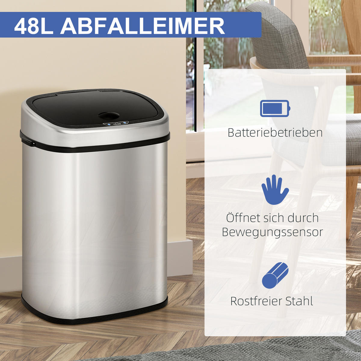 AUTOMATIK Mülleimer Abfalleimer mit Infrarotsensor Küche Silber 58L / 48L - Silberfarben, Metall (29.5/57/40.5cm) - HOMCOM