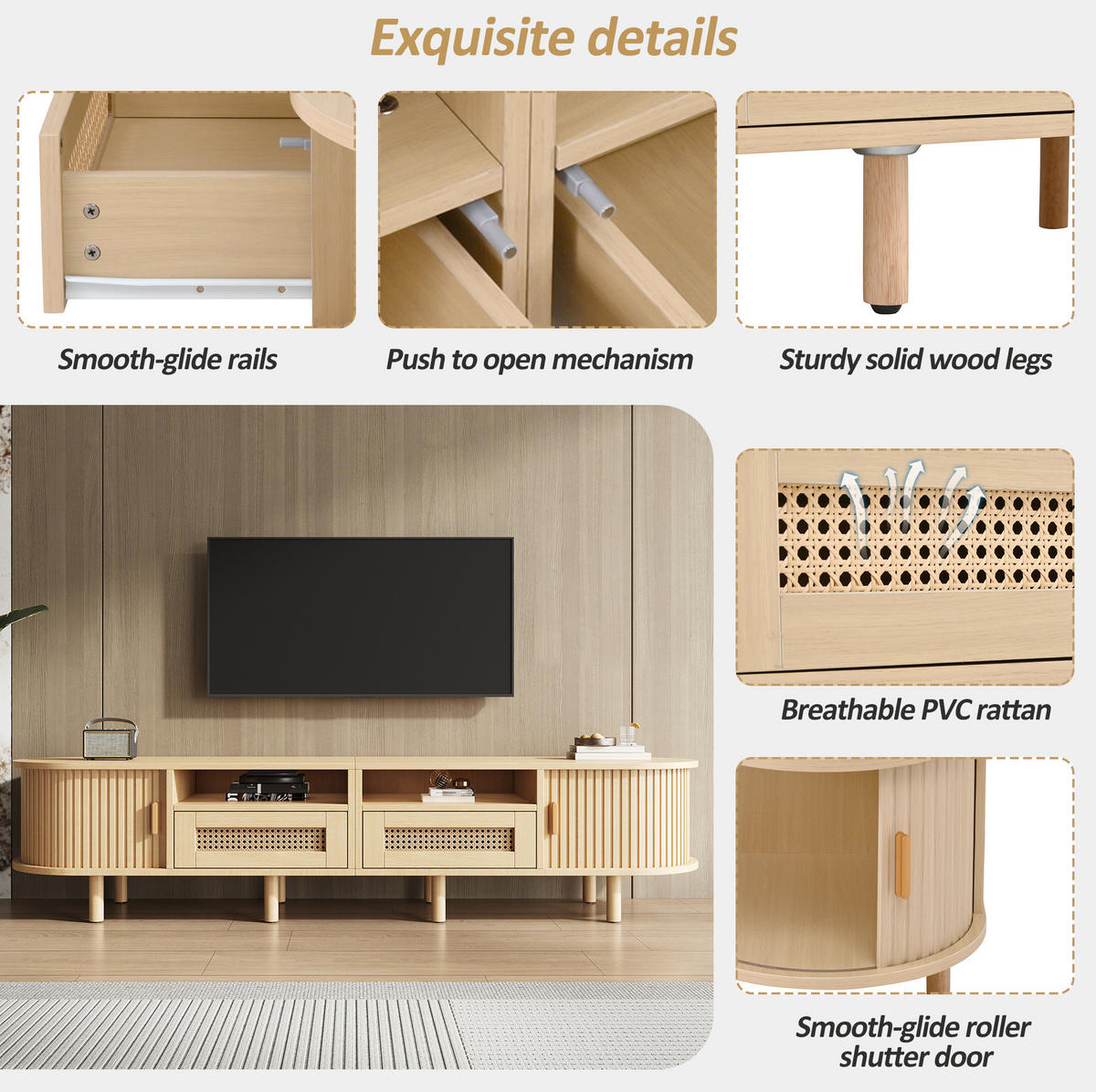 LOWBOARD 170/40/40 cm Eiche hell aus MDF mit Rattanfronten und Schiebetüren - Naturfarben, Holzwerkstoff (40/40/170cm) - OKMYHOME