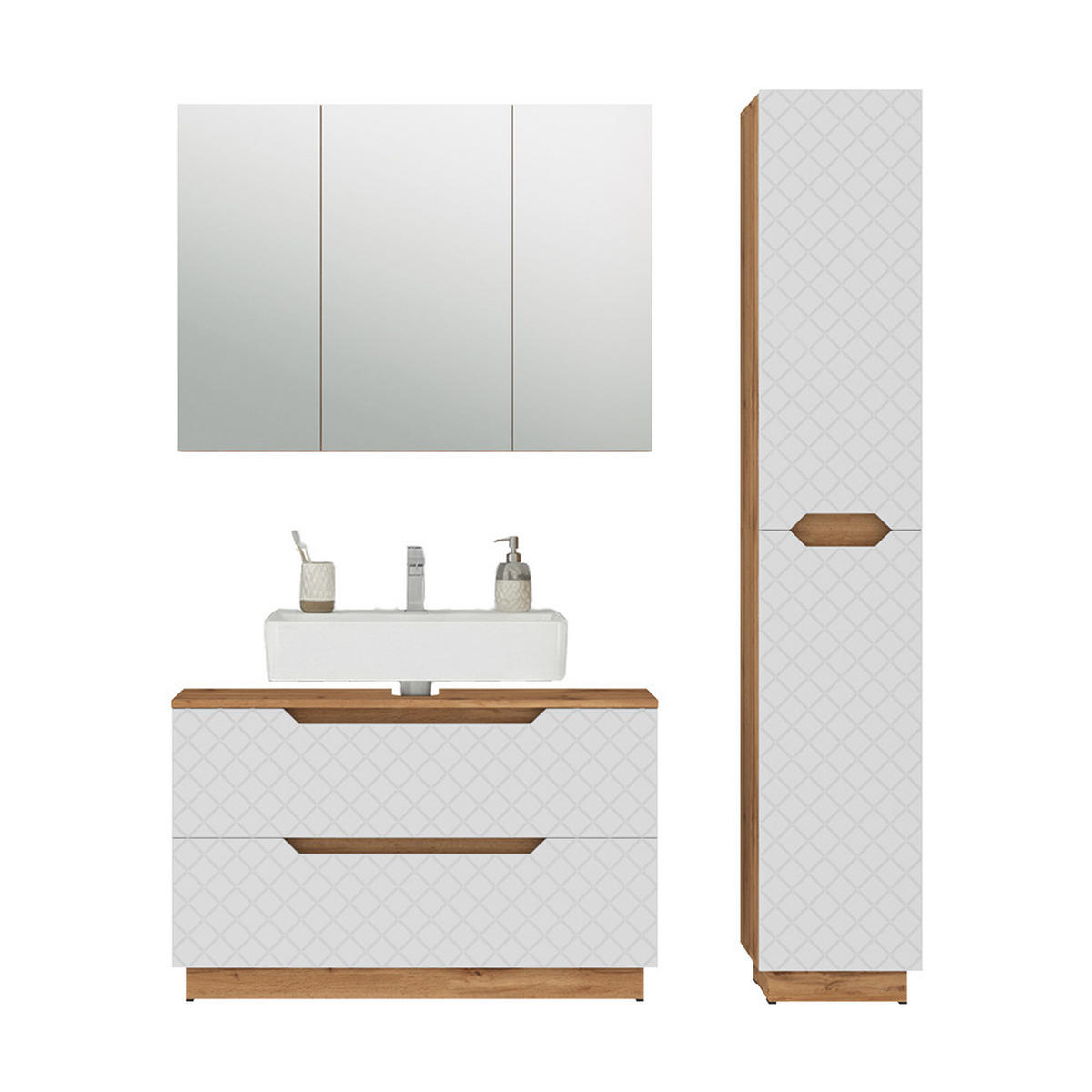 BADMÖBEL-SET Lotta Eiche/Weiß mit Kachelstruktur 3 Teile - Eichefarben/Weiß, Holzwerkstoff (99.4/62.5/32cm) - Vicco