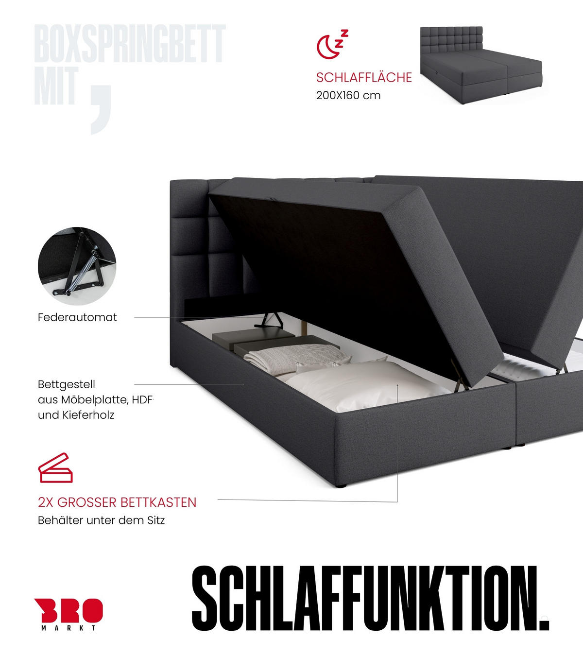 BOXBETT Dakota mit Topper 160/200 Dunkelgrau - Dunkelgrau, Textil (160/200cm) - Bromarkt