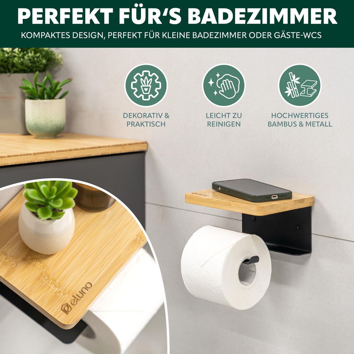 TOILETTENPAPIERHALTER VARAZ mit Ablage, Metall und Bambus - Schwarz, Metall (18/9.5/13cm) - eluno