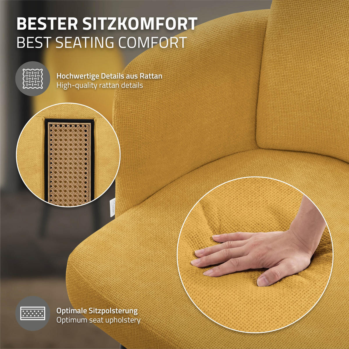 ESSZIMMERSTÜHLE 2er Set Senf mit Stoffbezug Rattan Optik - Gelb/Schwarz, Textil/Metall (59/86/59cm) - ML-DESIGN