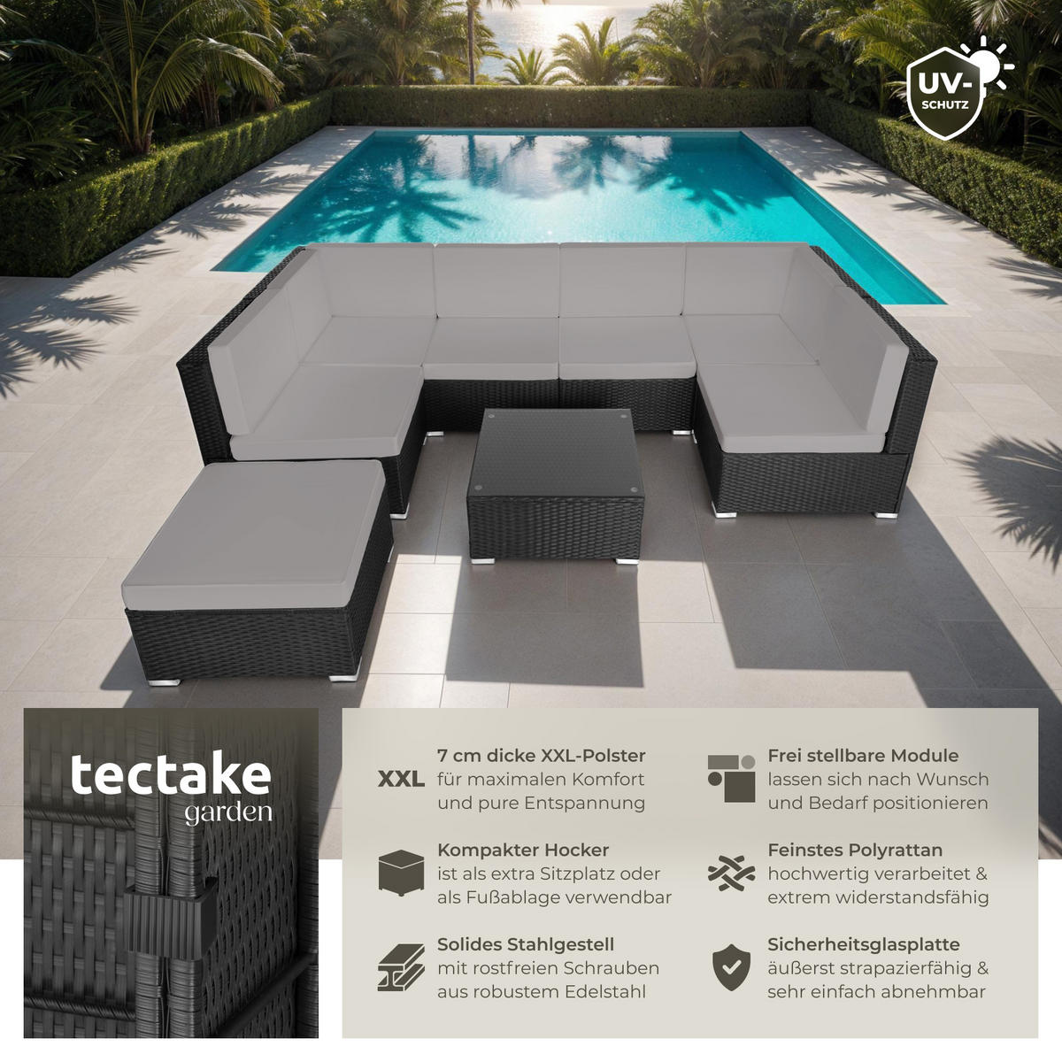RATTANLOUNGE Venedig,mit Sicherheitsglasplatte,schwarz/grau - Schwarz/Grau, Kunststoff - tectake