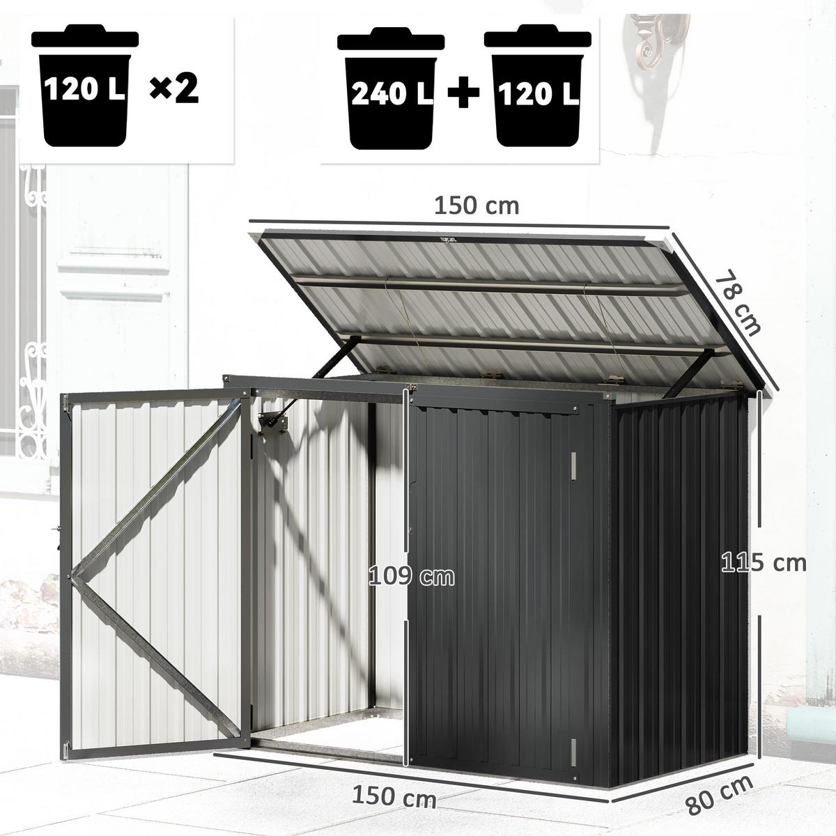 MÜLLTONNENBOX abschließbar Dunkelgrau 150/80/115 cm - Dunkelgrau, Metall (80/117/150cm) - Outsunny