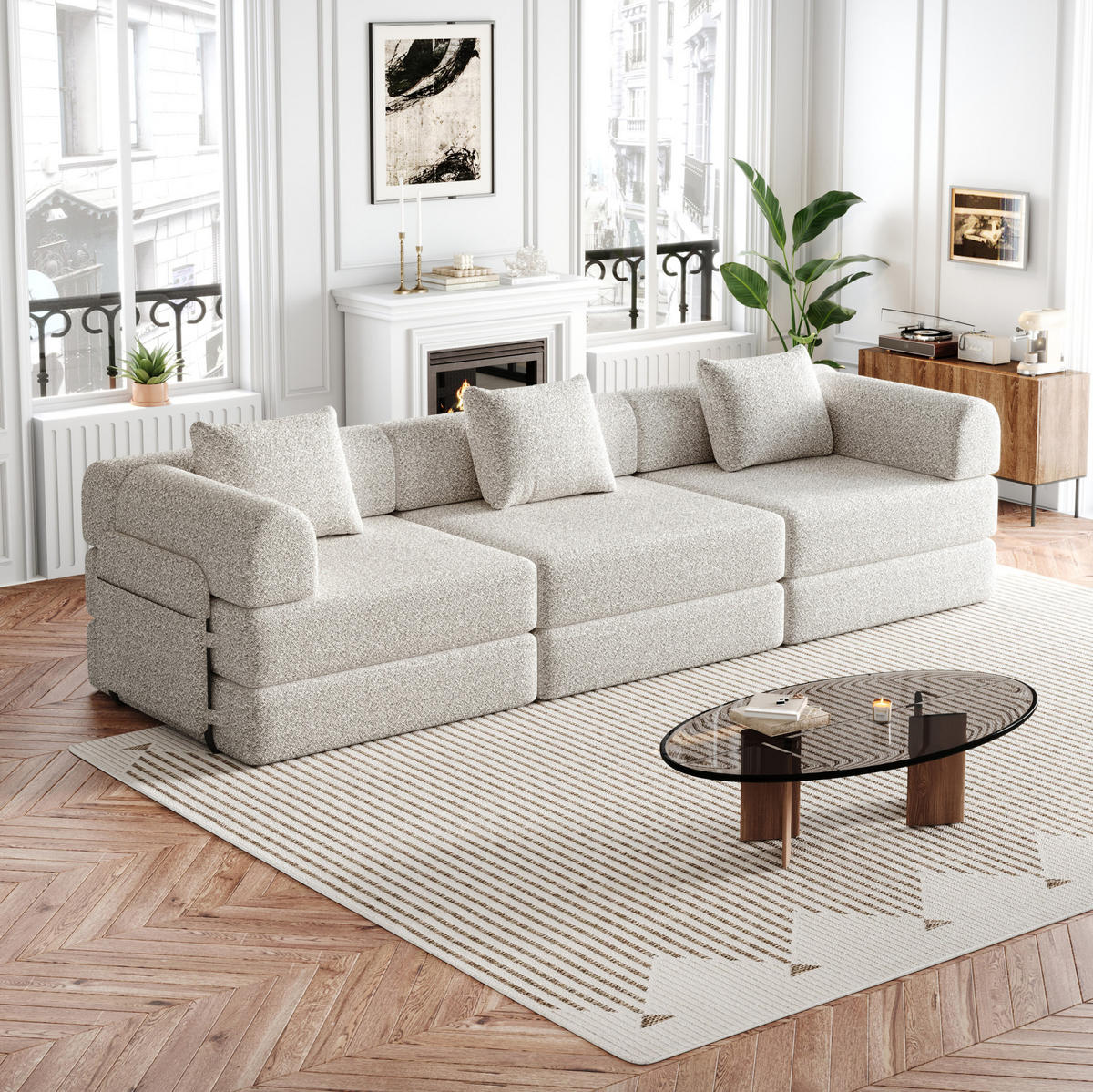 SCHLAFSOFA aus Chenille Khaki 2-in-1 mit Armlehnen-Ablagefach und Stahlrahmen - Naturfarben, Textil (94/49.5/181.6cm) - Modfu