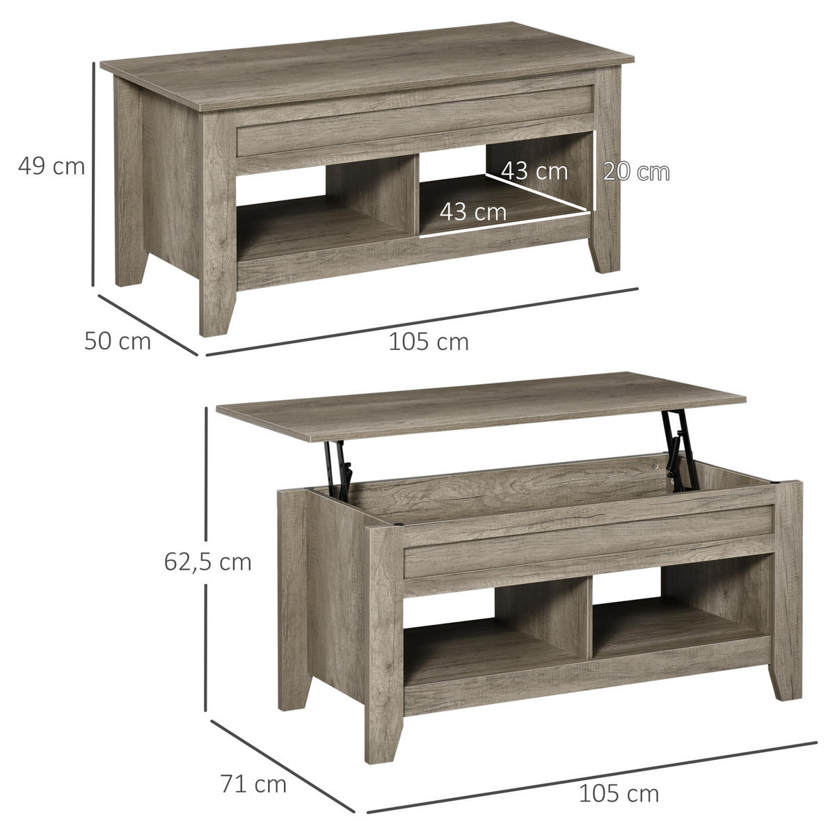 COUCHTISCH DE-15733 klappbare Platte, 105x50x49-62,5 cm Hell Eiche - Eichefarben, Holzwerkstoff (105/74/61.5cm) - ComfortXL