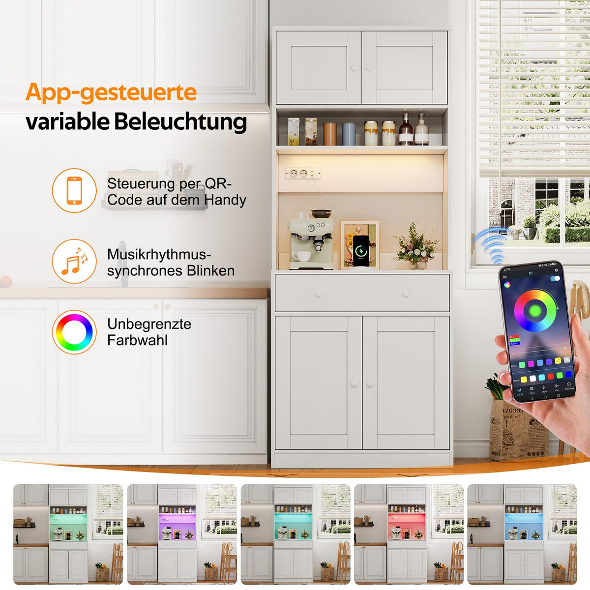 KÜCHENSCHRANK 72/180/40 cm MDF Weiß, MIT STECKDOSE UND RGB-LED, Hochschrank für Küche und Esszimmer - Weiß, Holzwerkstoff (40/180/72cm) - Rolipo