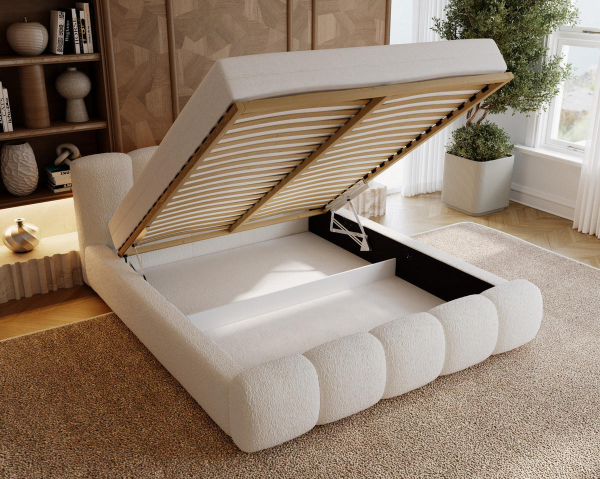 POLSTERBETT bouclé 200x200 Ravello mit Bettkasten, Lattenrost, Creme - Creme, Holz/Textil (200/200cm) - Emporius