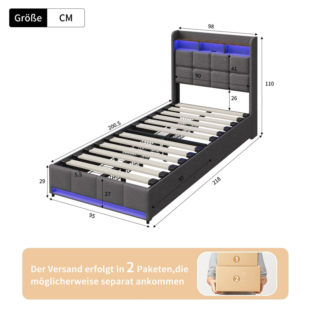 POLSTERBETT 90x200 cm Grau mit LED, 2 Schubladen, Kopfteil mit Ablage und Stauraum - Grau, Metall (90/200cm) - EuroLiving