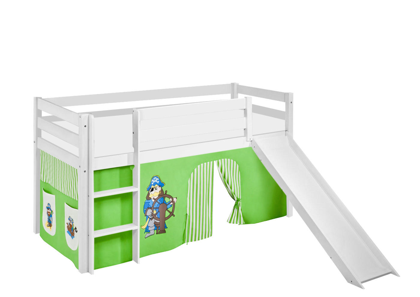 SPIELBETT JELLE Pirat Grün Beige - Hochbett - mit Rutsche und Vorhang - Weiß, Holz - Lilokids