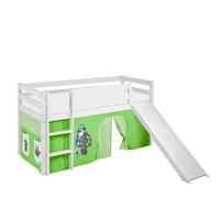 SPIELBETT JELLE Pirat Grün Beige - Hochbett - mit Rutsche und Vorhang - Weiß, Holz - Lilokids