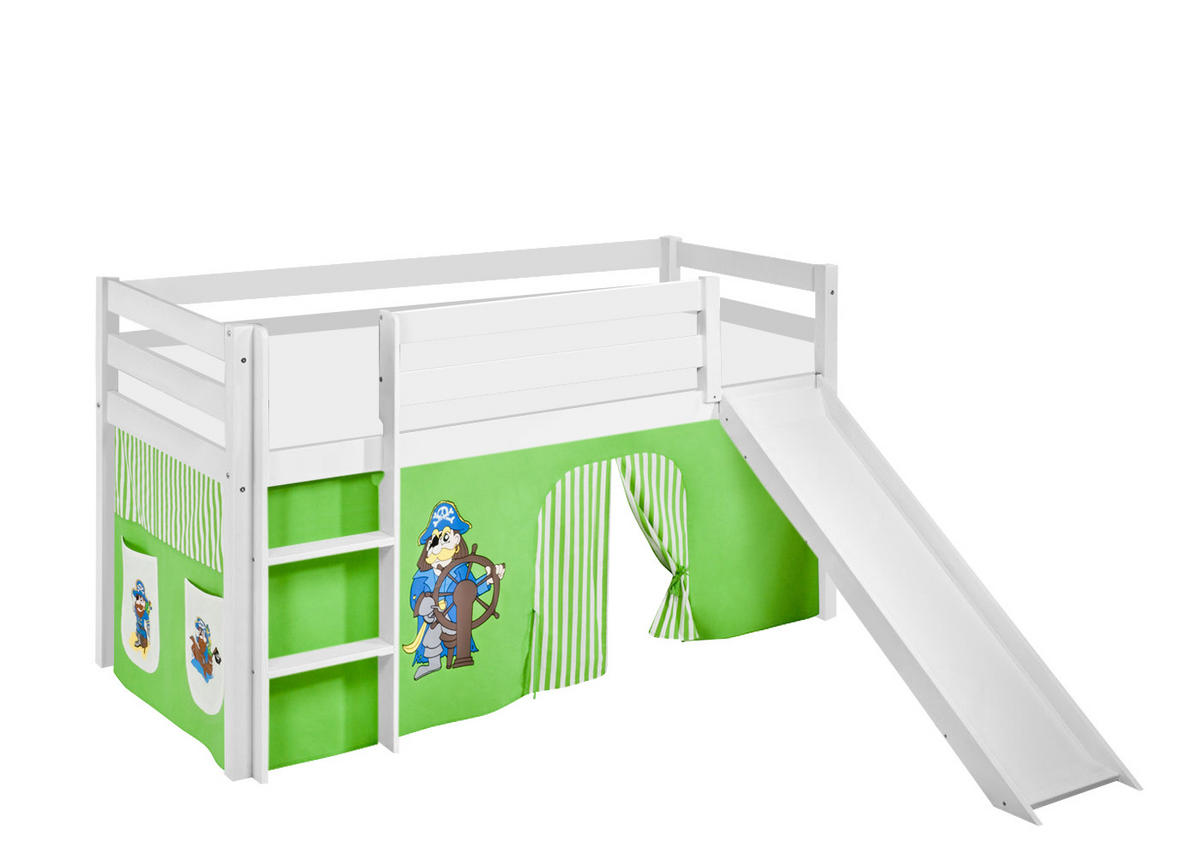 SPIELBETT JELLE Pirat Grün Beige - Hochbett - mit Rutsche und Vorhang - Weiß, Holz - Lilokids