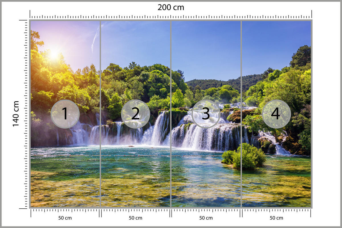 FOTOTAPETE Wasserfälle Wald Landschaft 3D 200x140 - Türkis/Blau, Papier (200/140cm) - Muralo