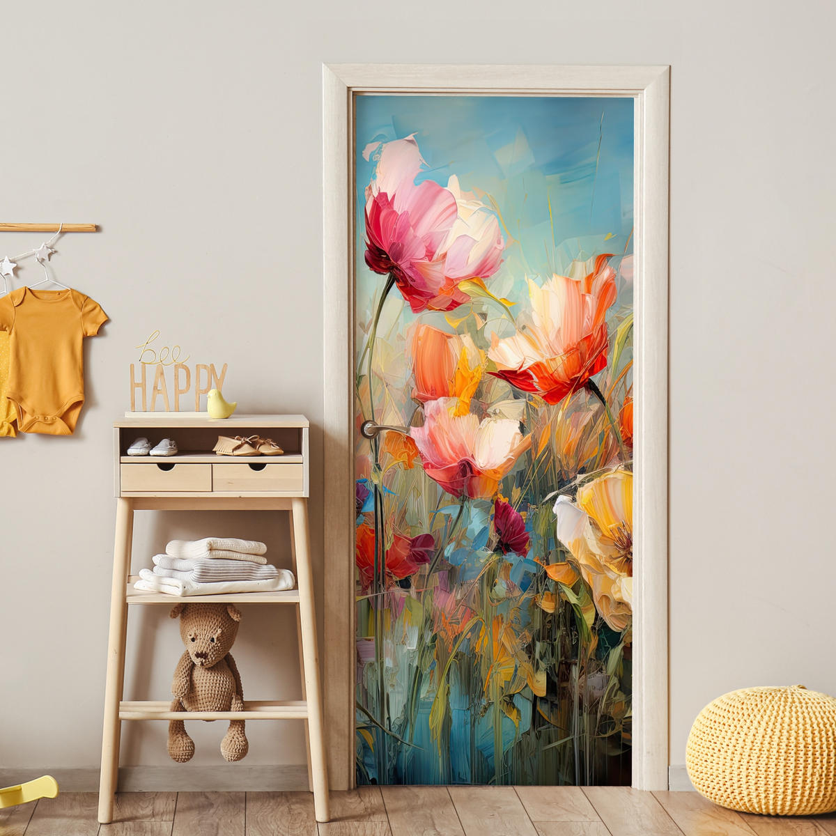 FOTOTAPETE Tür - Blumen - Aquarell - Kunst - Botanisch - Natur 75x205 cm - Orange, Kunststoff (75/0.1cm) - MuchoWow