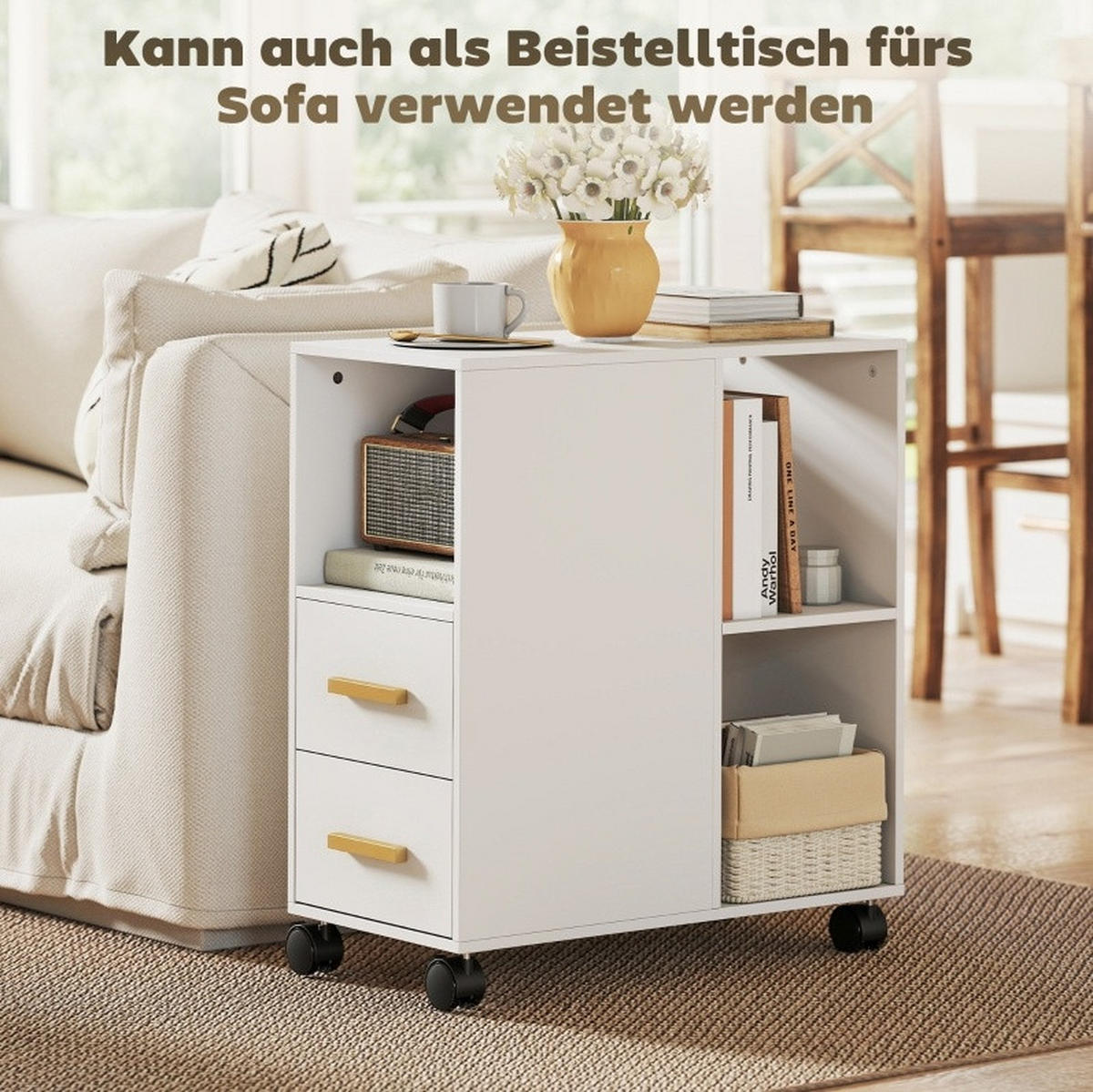 BÜCHERREGAL 60/30/65 cm mit 2 Schubladen, Rollen und verstellbarem Boden in Weiß - Weiß, Holz (60/65/30cm) - BEAOK