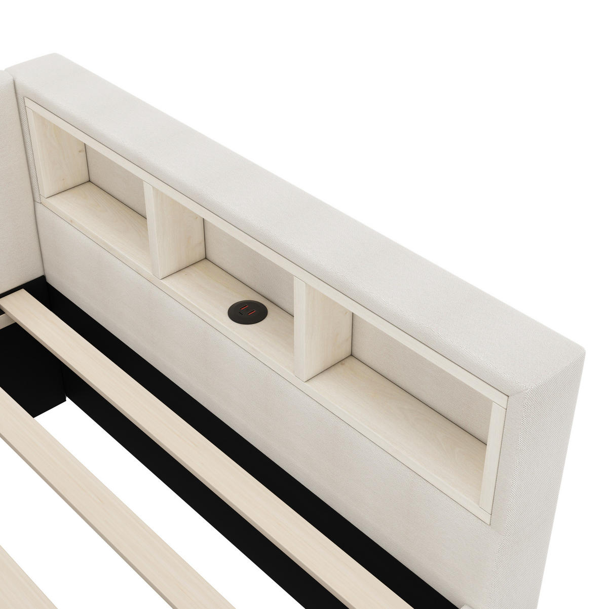 DENNÁ posteľ z ľanu a MDF 90x200 cm béžová s LED osvetlením, USB-C a úložnými priehradkami - béžová, textil (90/200cm) - Modfu