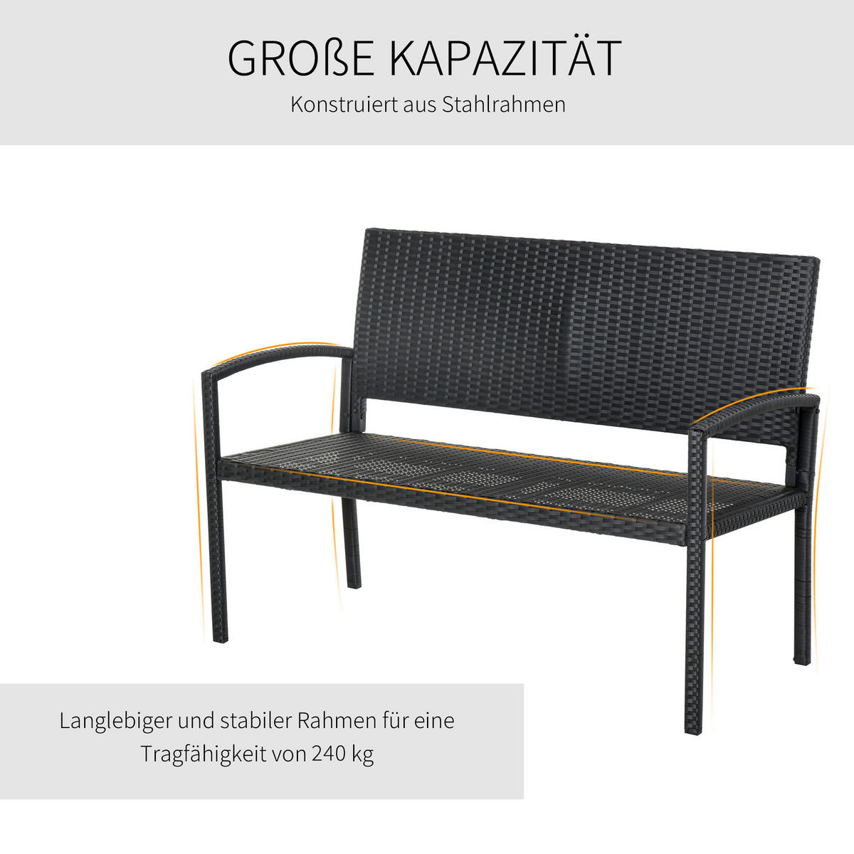 GARTENBANK für 2 Personen, bis 240 kg Belastbar, Schwarz, 122 x 60 x 85cm - Schwarz, Kunststoff (60/85/122cm) - Outsunny