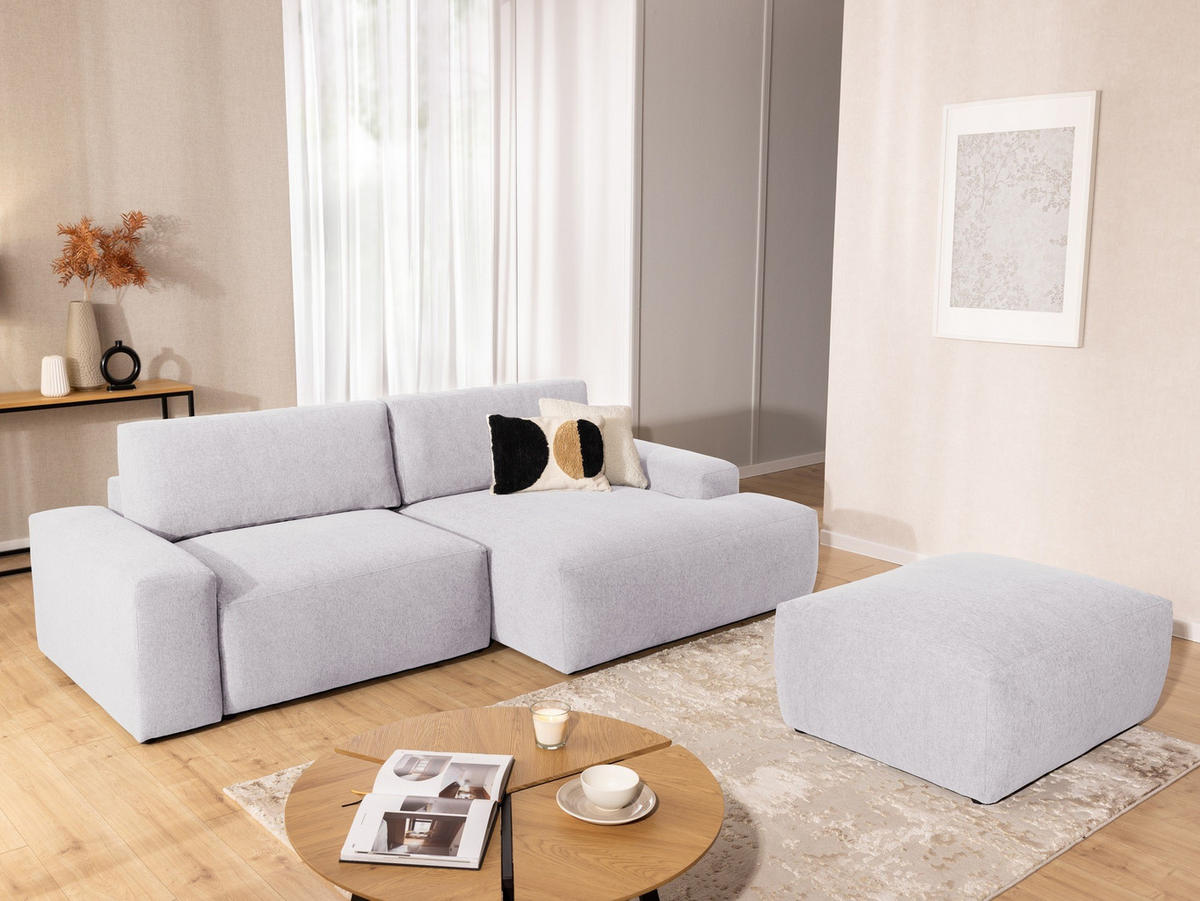 ECKSOFA inkl. Hocker Lennon aus Greige Strukturstoff mit Schlaffunktion und Bettkasten - Greige/Schwarz, Holz/Kunststoff (264/137cm) - S-Style