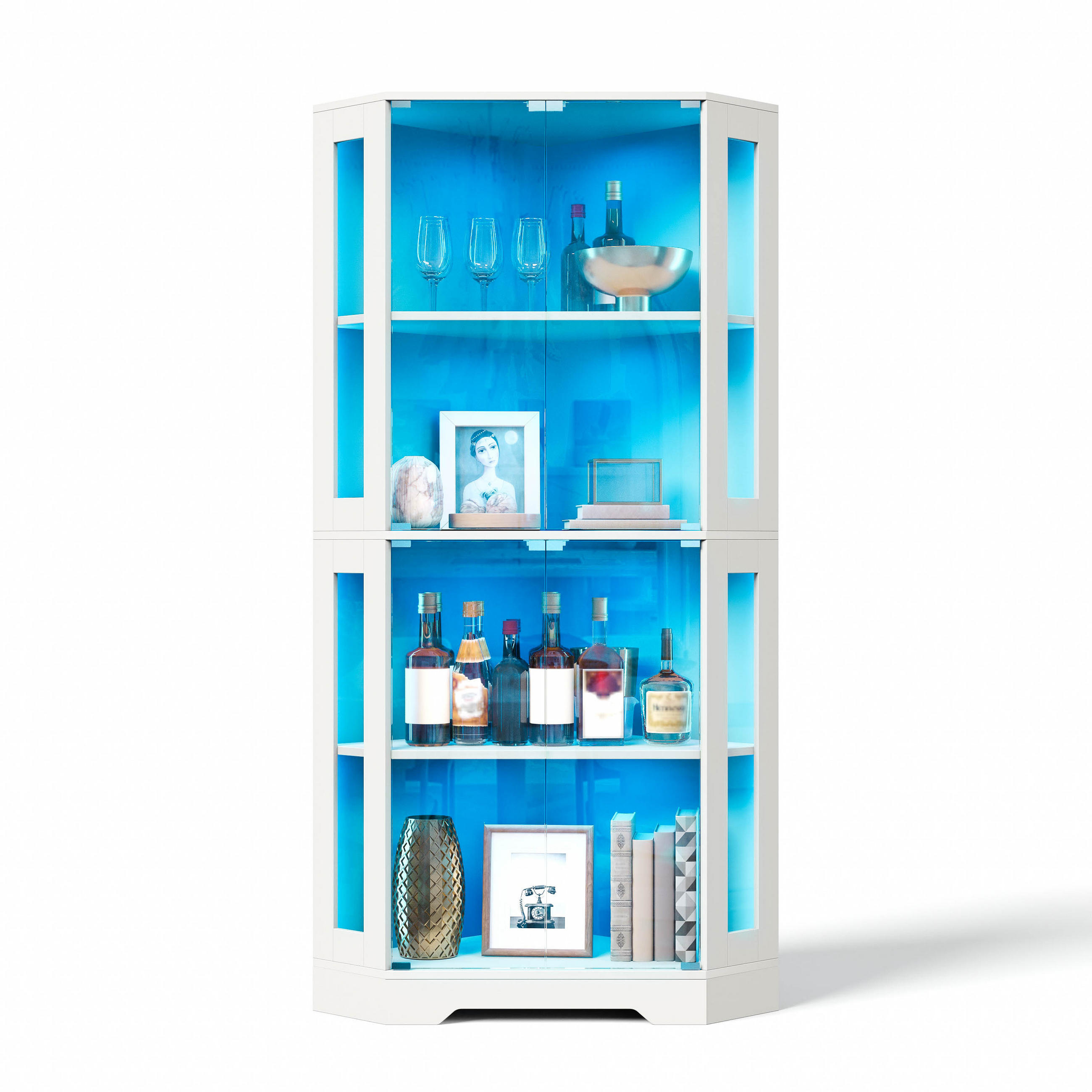 GESCHIRRSCHRANK 165 cm MDF Weiß mit RGB-LED, Glastüren und Weinregal - Weiß, Holzwerkstoff (40/165/40cm) - Korfee
