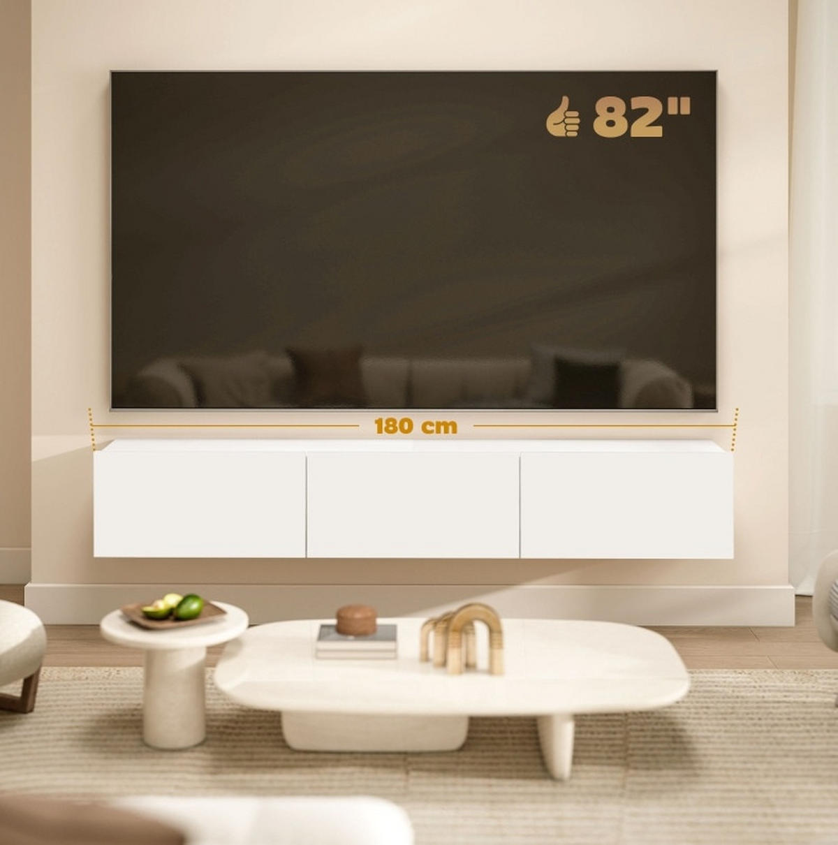 ZÁVĚSNÁ TV komoda 180 cm s nástěnnou montáží, 3 výklopnými dvířky a tichým dovíráním, Bílá - bílá, kompozitní dřevo (180/29.8/31.5cm) - Redom