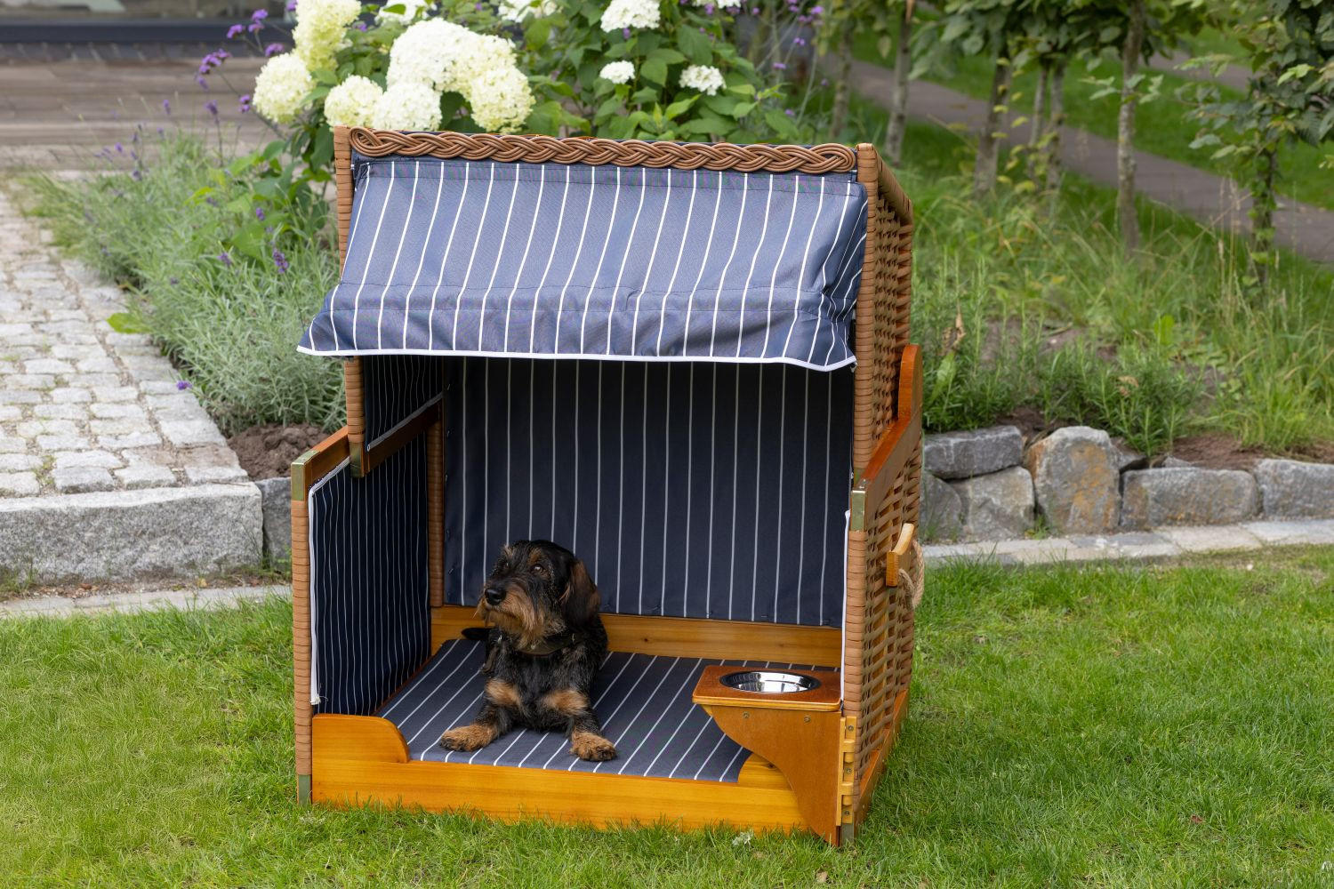 HUNDESTRANDKORB - gestreift/blau - PE beige - inkl. Schutzhülle - Blau, Holz/Textil (80/95/65cm) - bene living