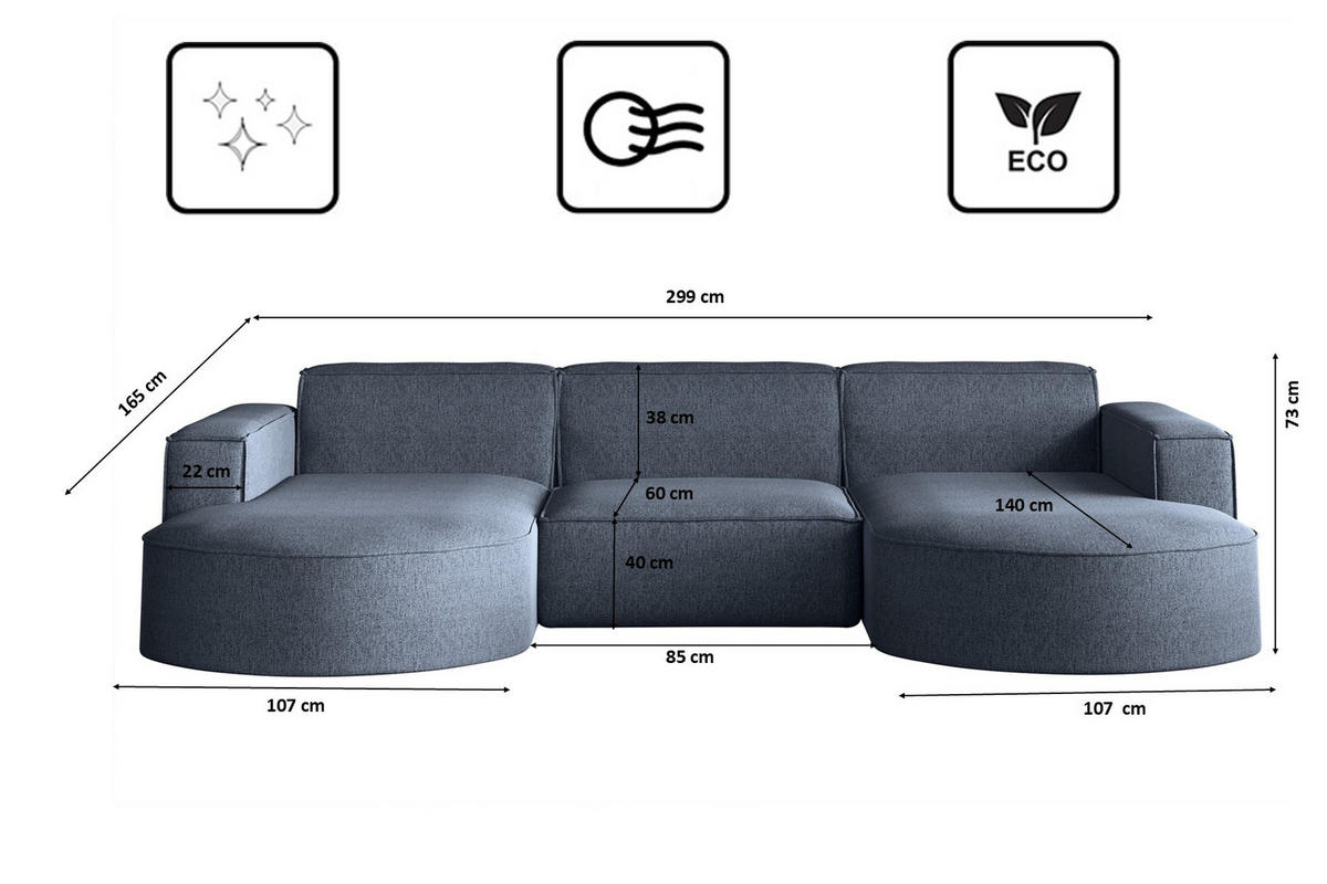 ECKSOFA U-Form MODENA STUDIO Stoff Verita Marineblau - Dunkelblau, Holz (165/299cm) - Kaiser Möbel
