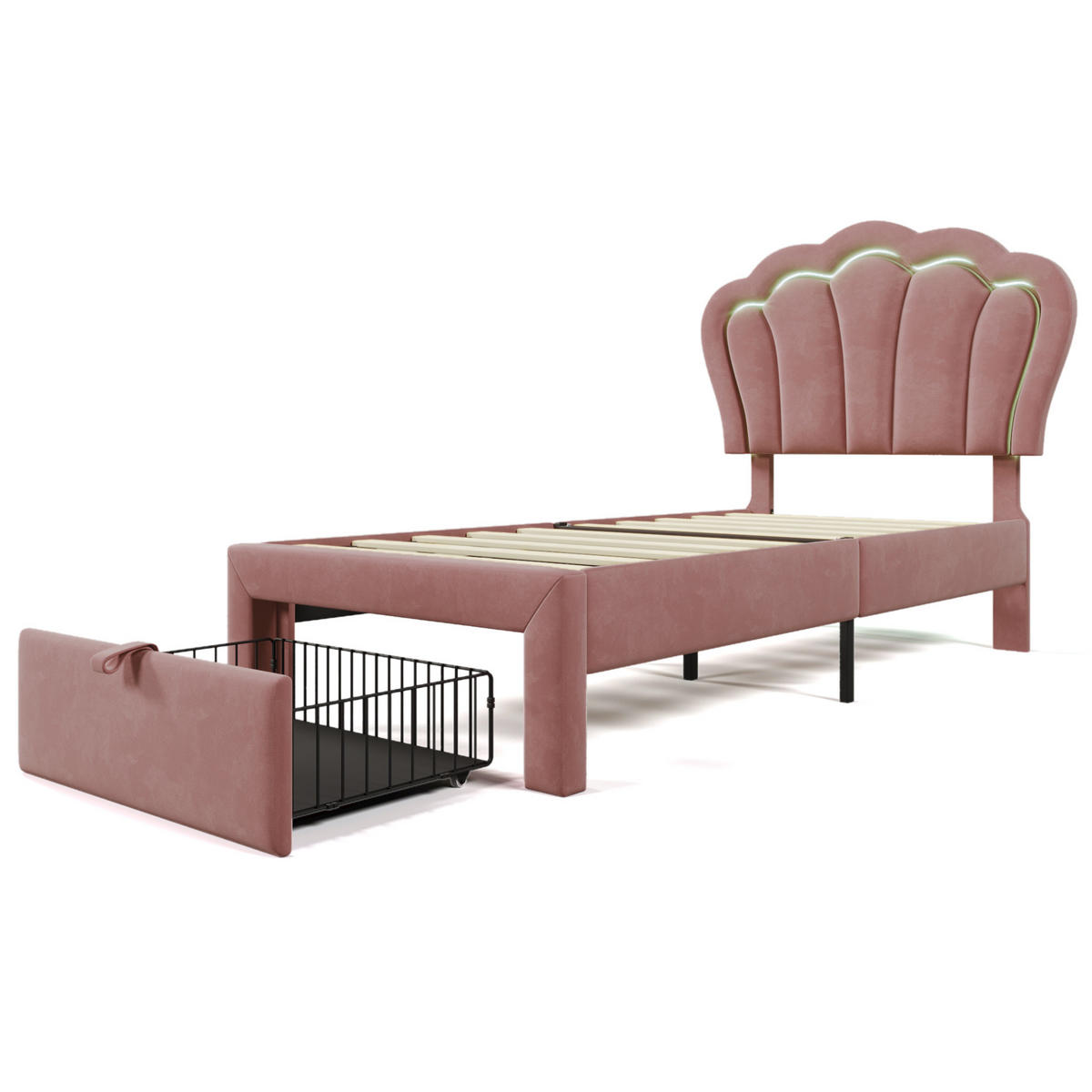 POLSTERBETT 90/200 cm mit RGB-LED, Schublade und verstellbarem Kopfteil aus Samt, Rosa - Rosa, Textil (90/200cm) - Redom
