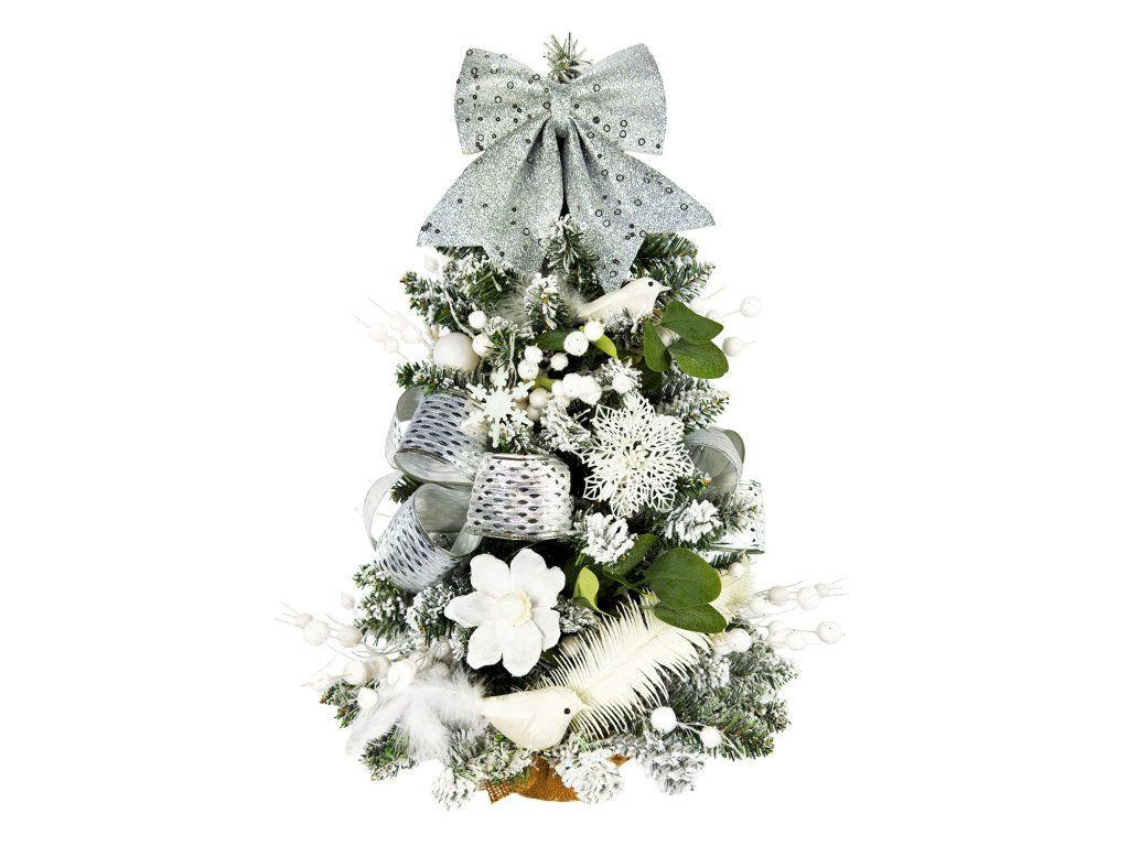WEIHNACHTSBAUM künstlicher 60 cm mit LED-Beleuchtung, WEISSEMELODIE, mit 29 Weihnachtsbaumschmuck, Pflanztopf mit Jutesack - Silberfarben/Weiß, Kunststoff/Stein (40/60cm) - LAALU