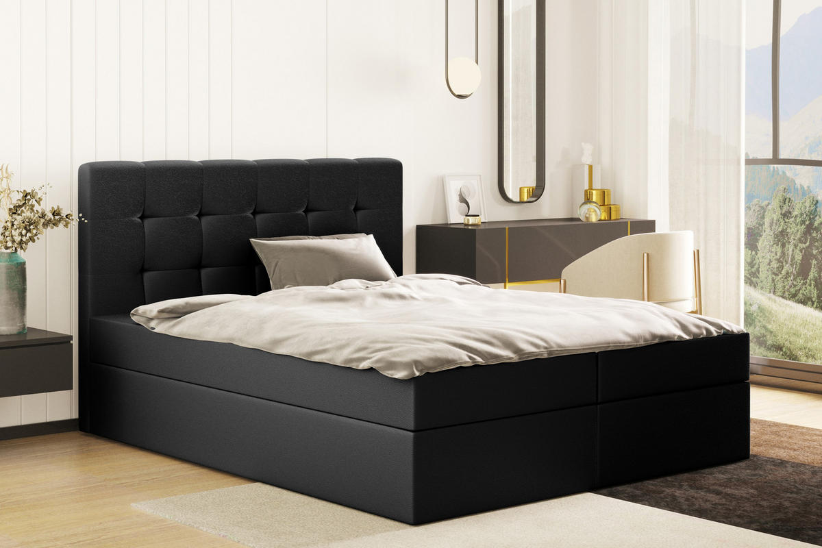 BOXBETT Mit Matratze Und Bettkasten, LUDANO Stoff Cayenne Schwarz 160x200 cm H3-Bonell - Schwarz, Holz (160/200cm) - Kaiser Möbel