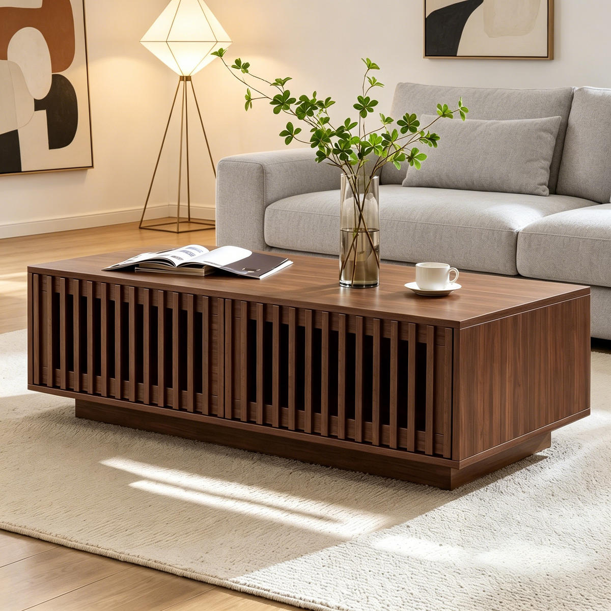 KONFERENČNÍ STŮL v ořechové barvě se 2 dvířky a prolamovaným designem, 100×50×35 cm - barva vlašského ořechu, kompozitní dřevo (50/100/35cm) - STILVORA