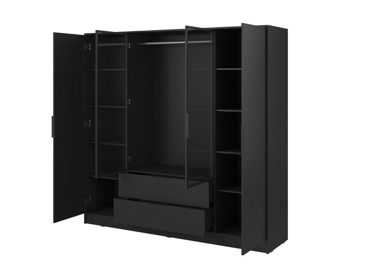 KLEIDERSCHRANK RICADI 4D RM (Schwarz, Riffelglas, 4 Türen, 2 Schubladen, Kunststoffgriffe) - Schwarz, Holz/Holzwerkstoff (206/200/51cm) - Ravio
