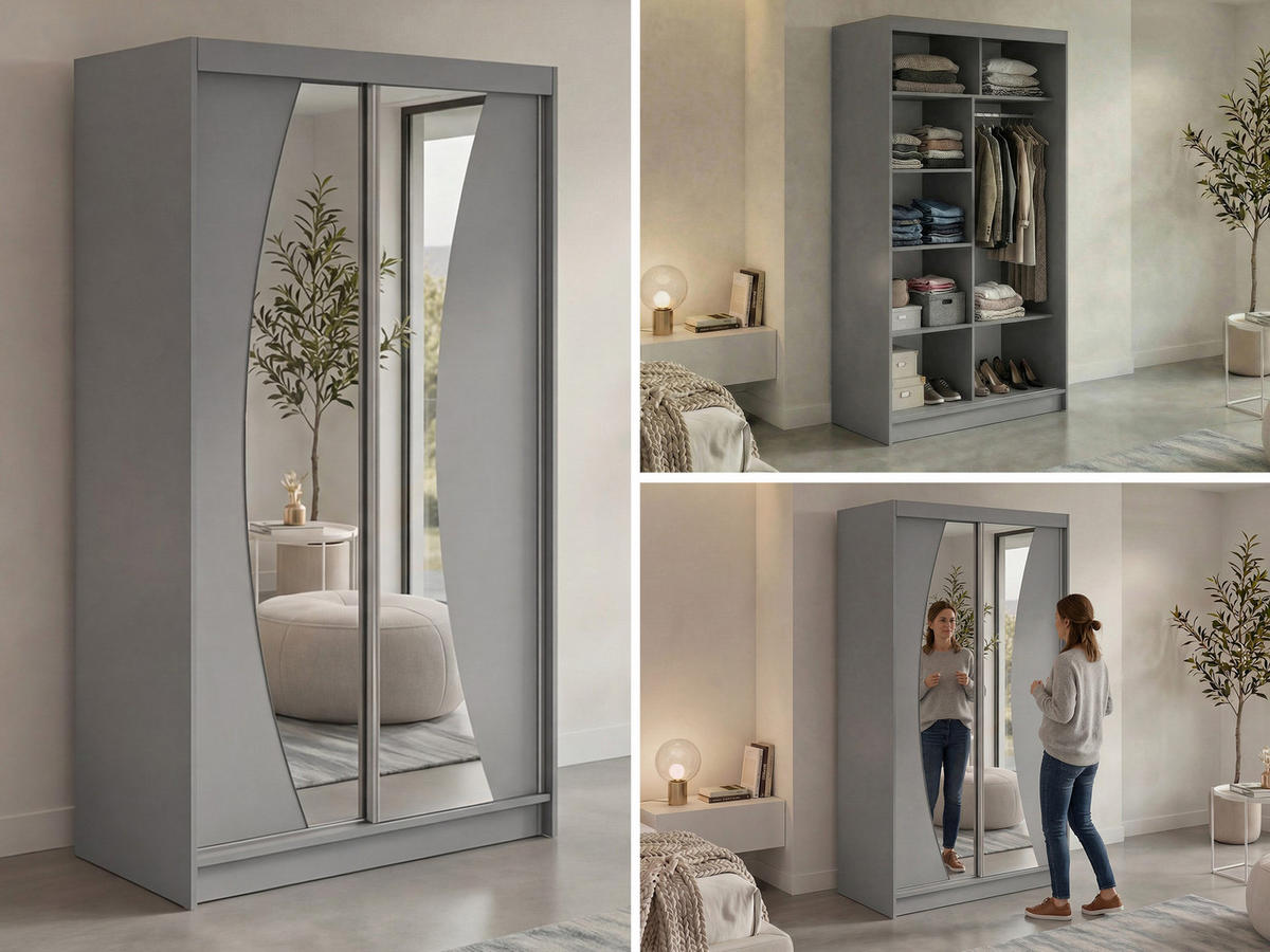 SCHWEBETÜRENSCHRANK 120 - VERONA - Grau mit Spiegel - Alufarben/Grau, Holzwerkstoff/Metall (120/216/61cm) - MKS