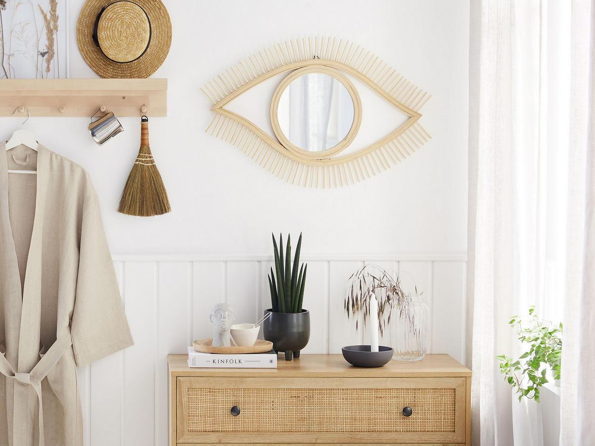 WANDSPIEGEL Bambusholz Augenform 50/80 cm Soyopa - Hellbraun, Holz (79/48/2cm) - Beliani