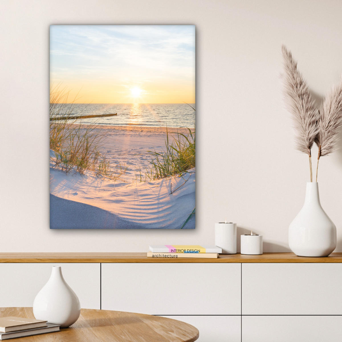 LEINWANDBILD Strand - Sonne - Düne - Gras - Sand - Horizont Wandbild Wohnzimmer 60x80 cm - Hellblau, Textil (60/80cm) - MuchoWow