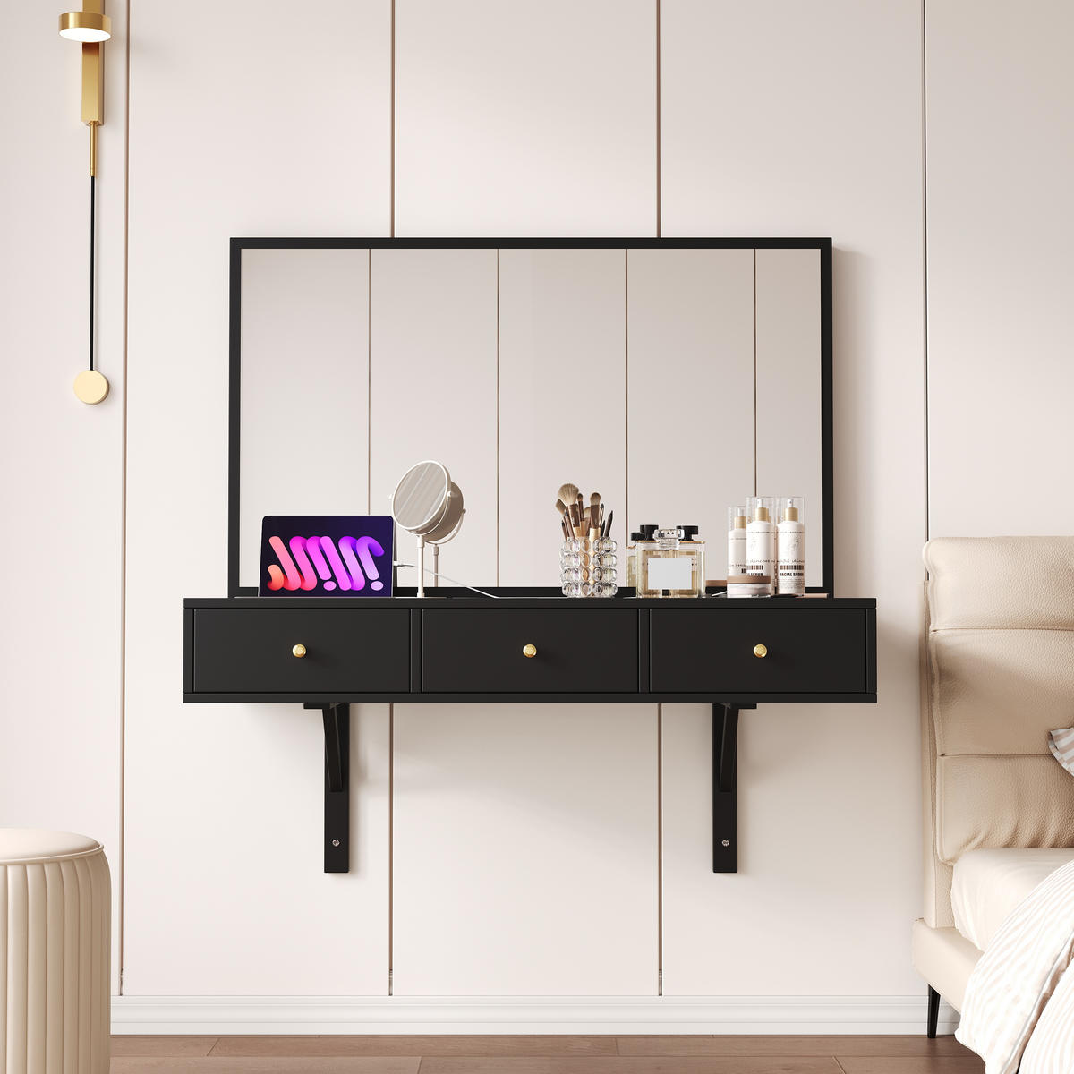 SCHMINKTISCH Schwarz LED Spiegel 3 Schubladen 100x45x105cm - Schwarz, Holzwerkstoff (45/105/100cm) - FLIEKS